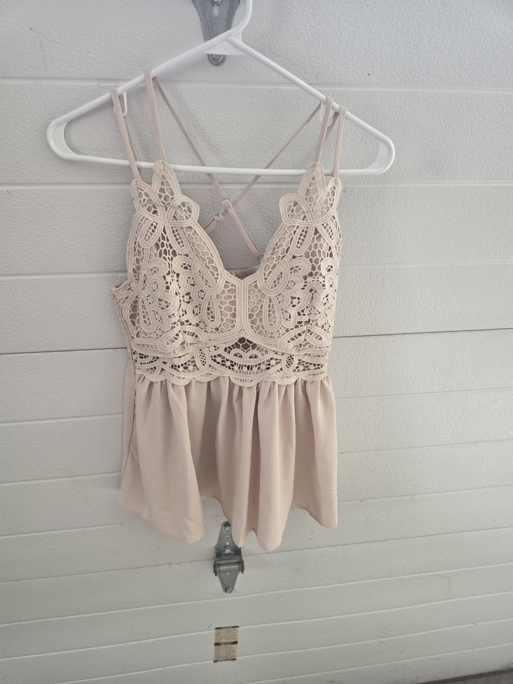 Main Strip Blush Lace Peplum Cami with Crisscross Straps